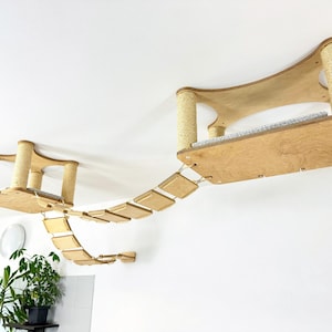 Aire de jeu modulaire pour chat au plafond | Système de pont en bois pour chats | Perchoirs pour chats surélevés | Meubles modernes pour murs et plafonds avec chat | Animaux de compagnie