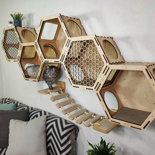 Hexagonal cat shelves big set  //  5 pieces of hexagonal shelves and 1 piece of hanging bridge for cats New 2023