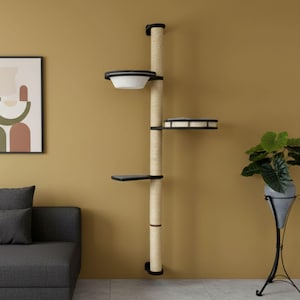Wall Mounted Cat Tree: Modern Dark Wood Cat Scratcher with Bed