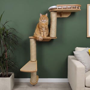 May include: A wooden cat tree with multiple platforms and scratching posts. An orange tabby cat sits on one of the platforms. The cat tree is mounted on a green wall, with a plant and a couch in the background.