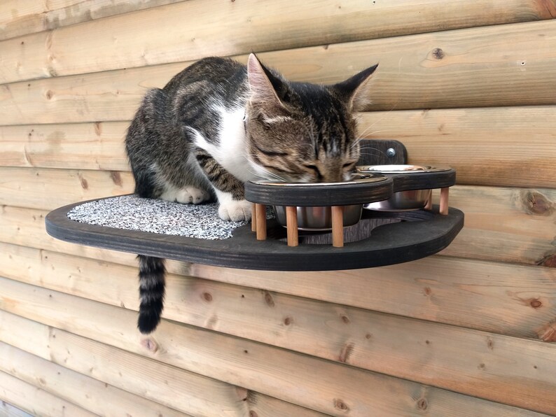 Shelf with 2 bowls for cats Wallmounted cat feeder Floating Etsy