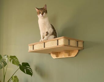 Heavy Duty Cat Wall Shelf with Soft Cushion: Birch Plywood Floating Perch with Sisal Scratching Edge