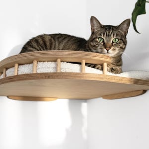 Corner Cat Shelf with Reversible Cushion: Wall-Mounted Natural Wood Cat Furniture | Personalized Name Option