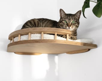 Corner Cat Shelf with Reversible Cushion: Wall-Mounted Natural Wood Cat Furniture | Personalized Name Option