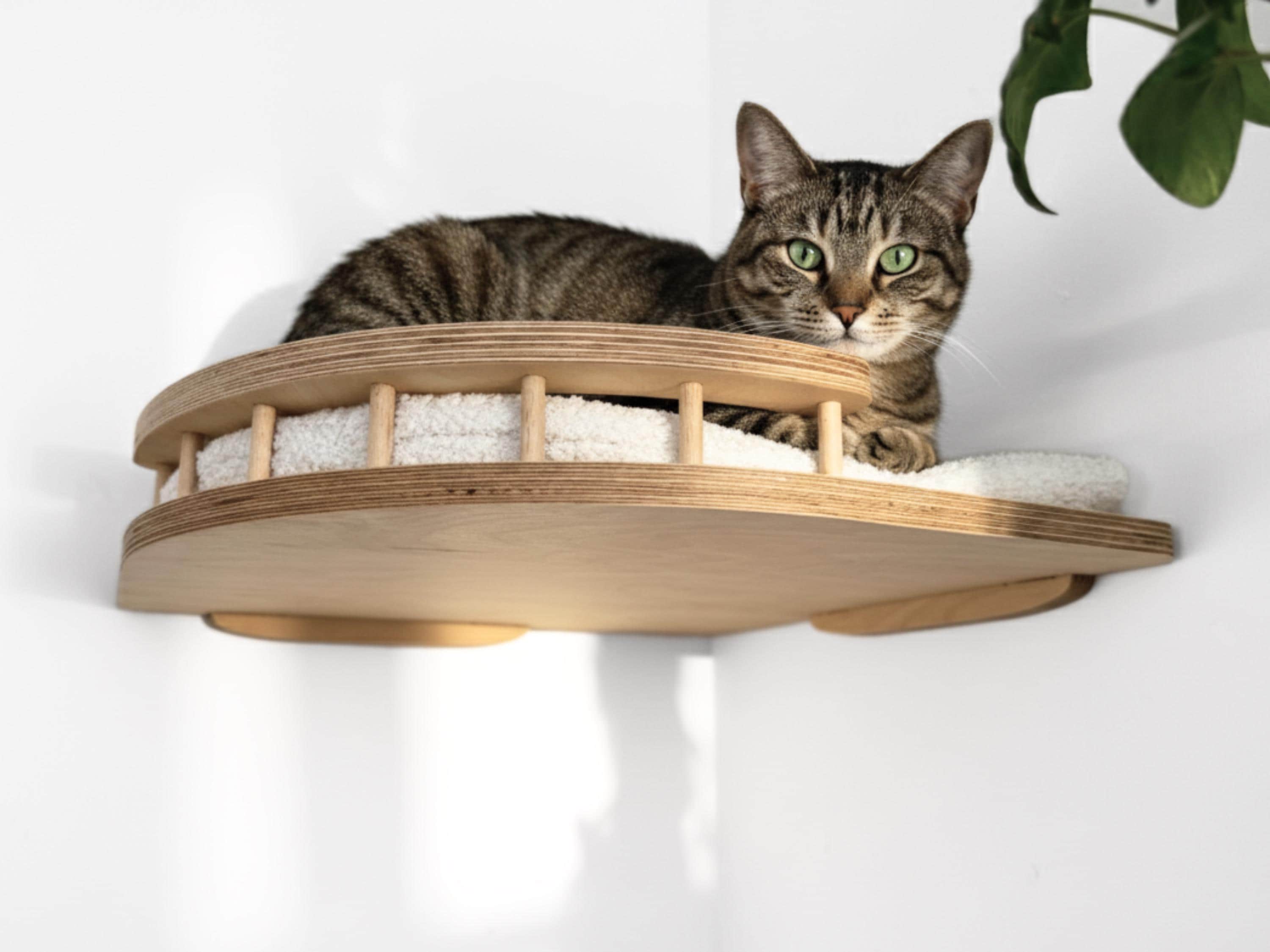 Corner Cat Shelf With Reversible Cushion Wall-Mounted Natural Wood Furniture | Personalized Name Option