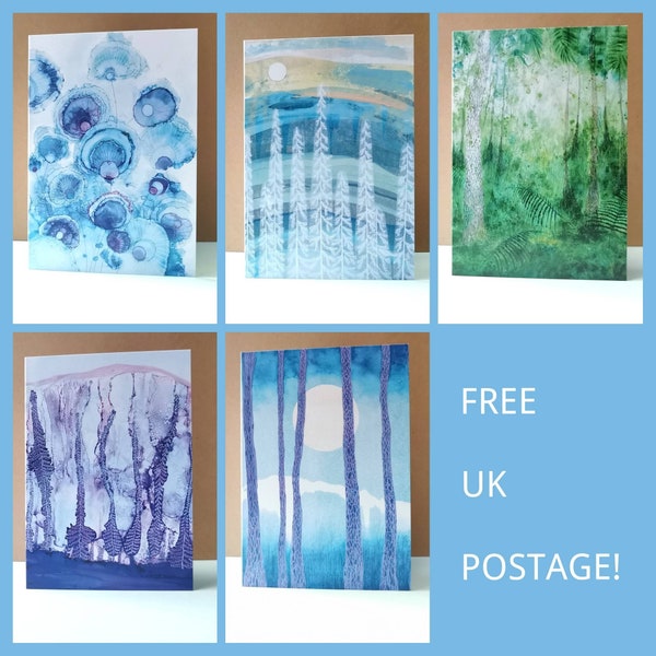 Blank Art Greeting Card 5 designs A6 Forest Winter Snow Tropical  Underwater Floral Moon Trees Blue Green Purple Free UK postage
