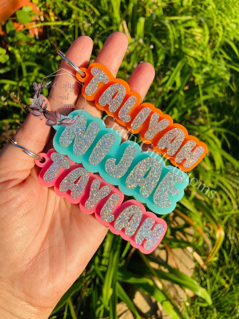 Personalized Keychain Glitter Bubble Letter Acrylic Keychain Etsy