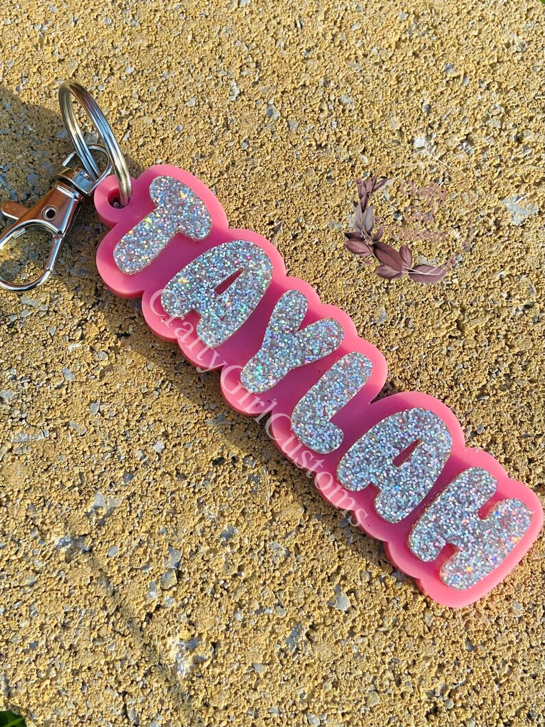 Personalized Keychain Glitter Bubble Letter Acrylic Keychain Etsy