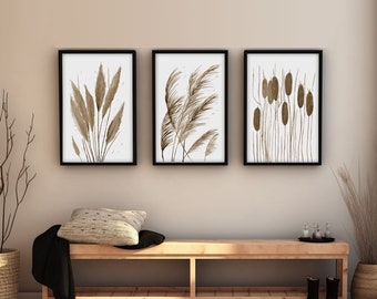 Printable reeds and grass gallery wall set of 3 prints neutral boho wall art watercolor print boho art prints room decor aesthetic boho