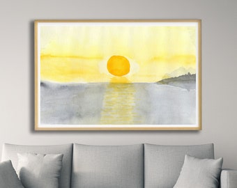 Yellow gray wall art sunset print downloadable art prints landscape seascape painting digital download art watercolor print abstract print