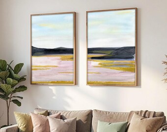 ダウンロード可能なソフトな風景プリント2枚セット、ニュートラルな水彩画風ウォールアート、印刷可能なウォールアート、オーガニックモダンな装飾、二連画デジタル作品