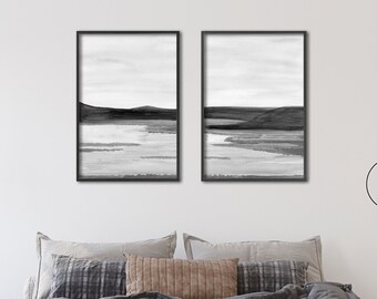 Black and white prints set of 2, black and white watercolor landscape, abstract art printable, water color wall art, downloadable art prints