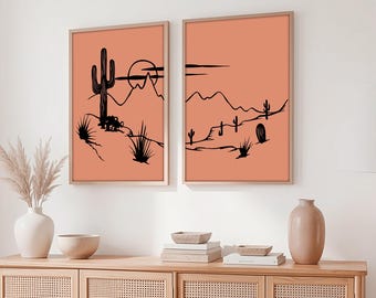 Western Wall Art Prints Set of 2, Southwestern Decor, Western Decor Bedroom, Neutral Desert Landscape, Printable Wall Art