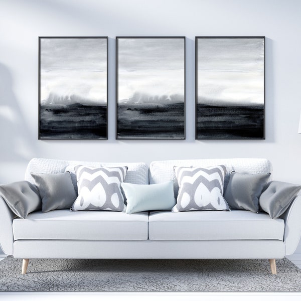 Set of 3 prints black and white ocean print download digital art prints abstract landscape watercolor wall art printable black and white