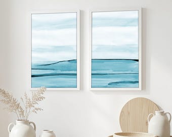 Ocean Print Set of 2, Blue Coastal Wall Art, Abstract Beach Watercolor Prints, Ocean Watercolor Print, Coastal Printable Wall Art