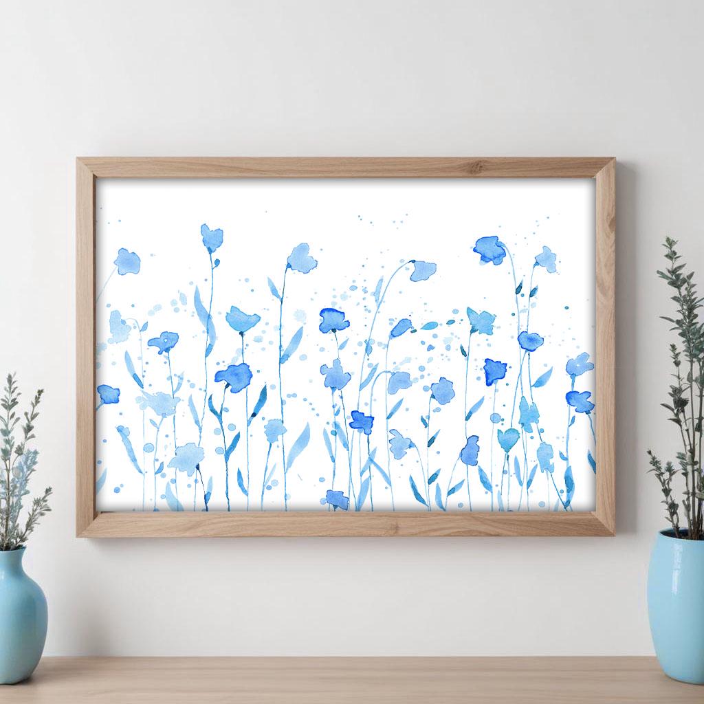 Light blue wall art floral print horizontal wall art botanical print room decor aesthetic apartment decor digital download trendy wall art