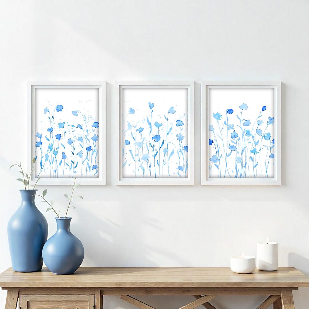 Blue Wildflower Watercolor Print Set: Botanical Gallery Wall Art ...