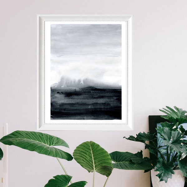 Abstract landscape print, black white printable wall art, ocean watercolor print, abstract watercolor landscape, water color print