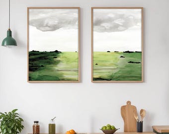 Green Landscape Prints Set of 2, Abstract Landscape Wall Art, Printable Wall Art, Muted Green Decor, Watercolor Downloadable Print