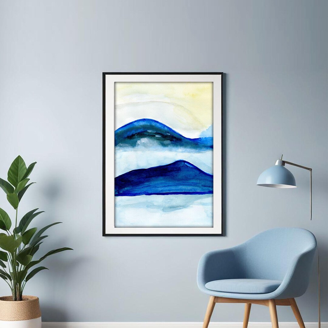 Blue Mountain Wall Art, Mountain Watercolor Print, Abstract Landscape ...