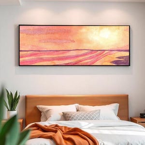 Arte de parede de praia rosa, impressão oceânica, arte de parede para quarto, decoração acima da cama, impressão horizontal, arte de parede panorâmica, impressão em aquarela, arte de parede longa e estreita