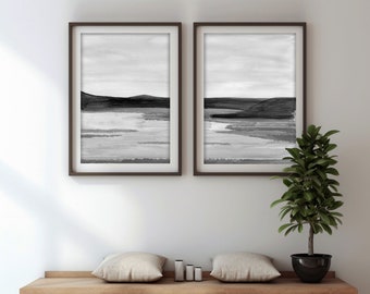 Black and white prints set of 2, black and white watercolor landscape, abstract art printable, water color wall art, downloadable art prints