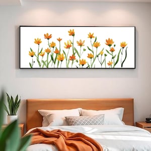 Minimalist orange horizontal wall art floral bedroom wall art spring decor home long panoramic printable watercolor print downloadable print