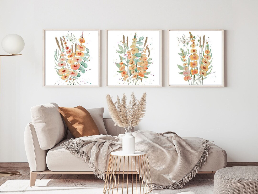 Wildflower Bouquet 3 Piece Wall Art Square Print Watercolor Painting ...