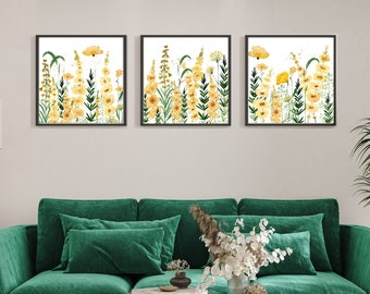 Yellow flowers watercolor print gallery wall set of 3 square prints wall art floral printable wall art digital download wildflower art print