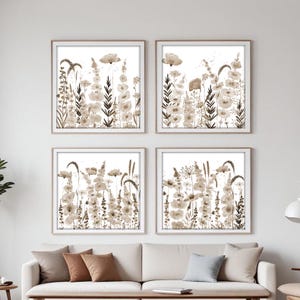 Set of 4 neutral floral wall art square prints watercolor painting gallery wall collage wildflower print printable wall art downloadable art