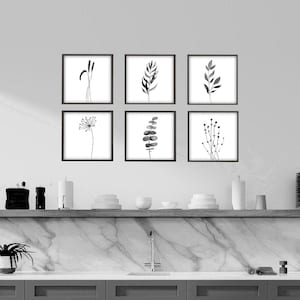 Black botanical print gallery wall set of 6 kitchen art prints square wall art digital download housewarming gift printable wall art poster