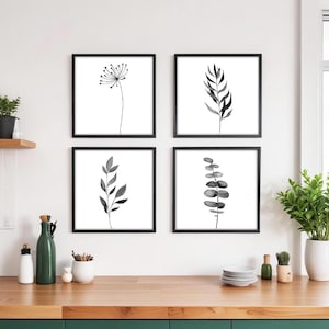 Black botanical print set of 4 square watercolor painting gallery wall collage kit black wall art printable wall art downloadable art print