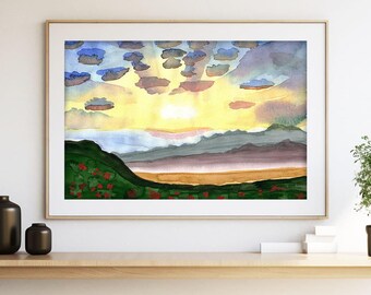 Summer watercolor print, abstract watercolor landscape, aesthetic room decor, printable wall art, above bed decor, abstract water color art