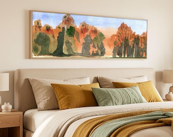 Fall Forest Panorama, Horizontal Watercolor Landscape Print, Long Panoramic Wall Art, Autumn Nature Digital Download