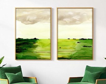 Set of 2 green wall art prints downloadable hand-painted art abstract landscape watercolor print digital download printable wall art poster