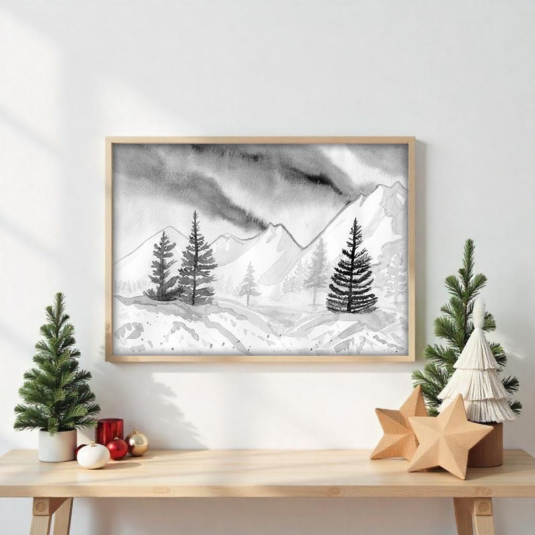 Christmas Wall Art Printable Black and White Watercolor Landscape ...