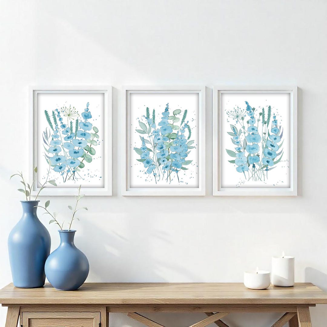 Blue Botanical Prints Set: Watercolor Floral Gallery Wall Art (digital ...
