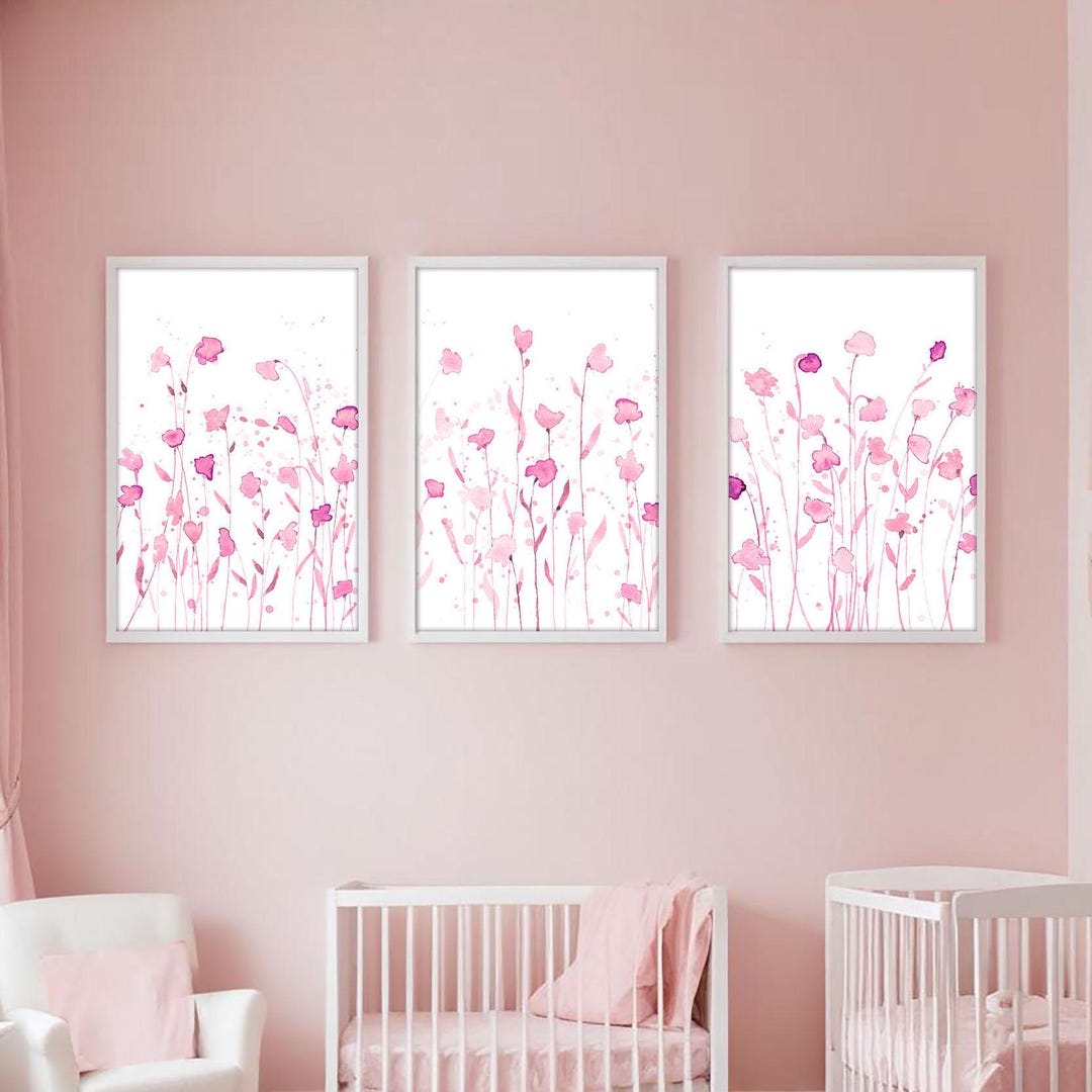 Pink Floral Nursery Wall Art Prints: Watercolor Botanical Set (digital ...
