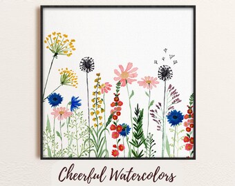 Può includere: Una stampa ad acquerello incorniciata con una vibrante serie di fiori selvatici nei toni del rosa, blu, giallo e rosso su sfondo bianco. L'opera d'arte include il testo "Cheerful Watercolors".