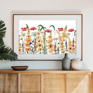 Floral horizontal print wildflower watercolor digital download printable flower poster wall art colorful botanical decor