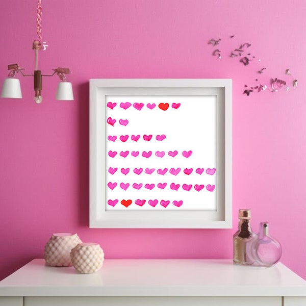 Trendy watercolor hearts pink coquette room decor aesthetic girly preppy wall art square print college dorm decor maximalist wall art