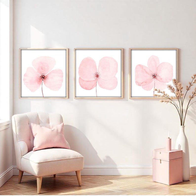 Blush Pink Floral Wall Art Set: Watercolor Botanical Prints (digital ...