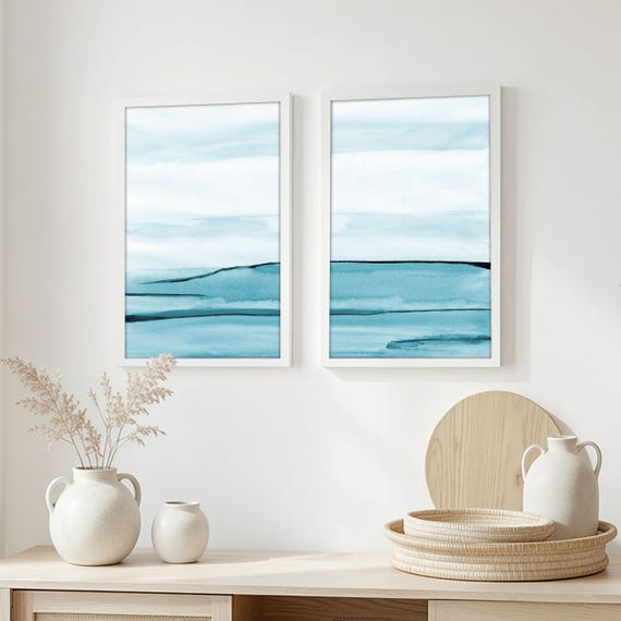 Ocean Print Set of 2, Blue Coastal Wall Art, Abstract Beach Watercolor Prints, Ocean Watercolor Print, Coastal Printable Wall Art