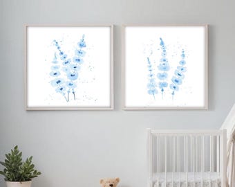 Blue Floral Print Set: Abstract Watercolor Flower Art (Digital Download, Set of 2)