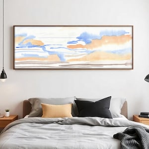 Large wall art blue orange abstract horizontal print panoramic downloadable print above bed decor long horizontal wall art watercolor print