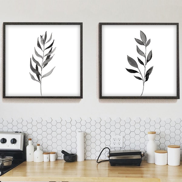 Botanical prints set of 2 black and white watercolor prints square wall art kitchen gift printable wall art kitchendecor downloadable poster