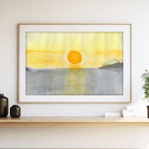 Paisaje marino con puesta de sol en amarillo y gris: Impresión abstracta en acuarela (descarga digital)