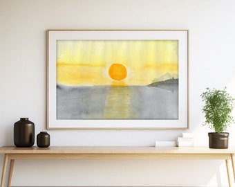 Yellow gray wall art sunset print downloadable art prints landscape seascape painting digital download art watercolor print abstract print