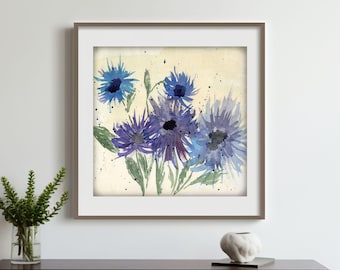 Stampa acquerello di fiori blu: arte botanica astratta (download digitale)