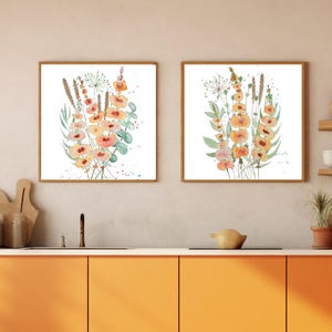Wildflower bouquet set of 2 print gift for home decor square print watercolor painting floral wall art botanical wall art downloadable print